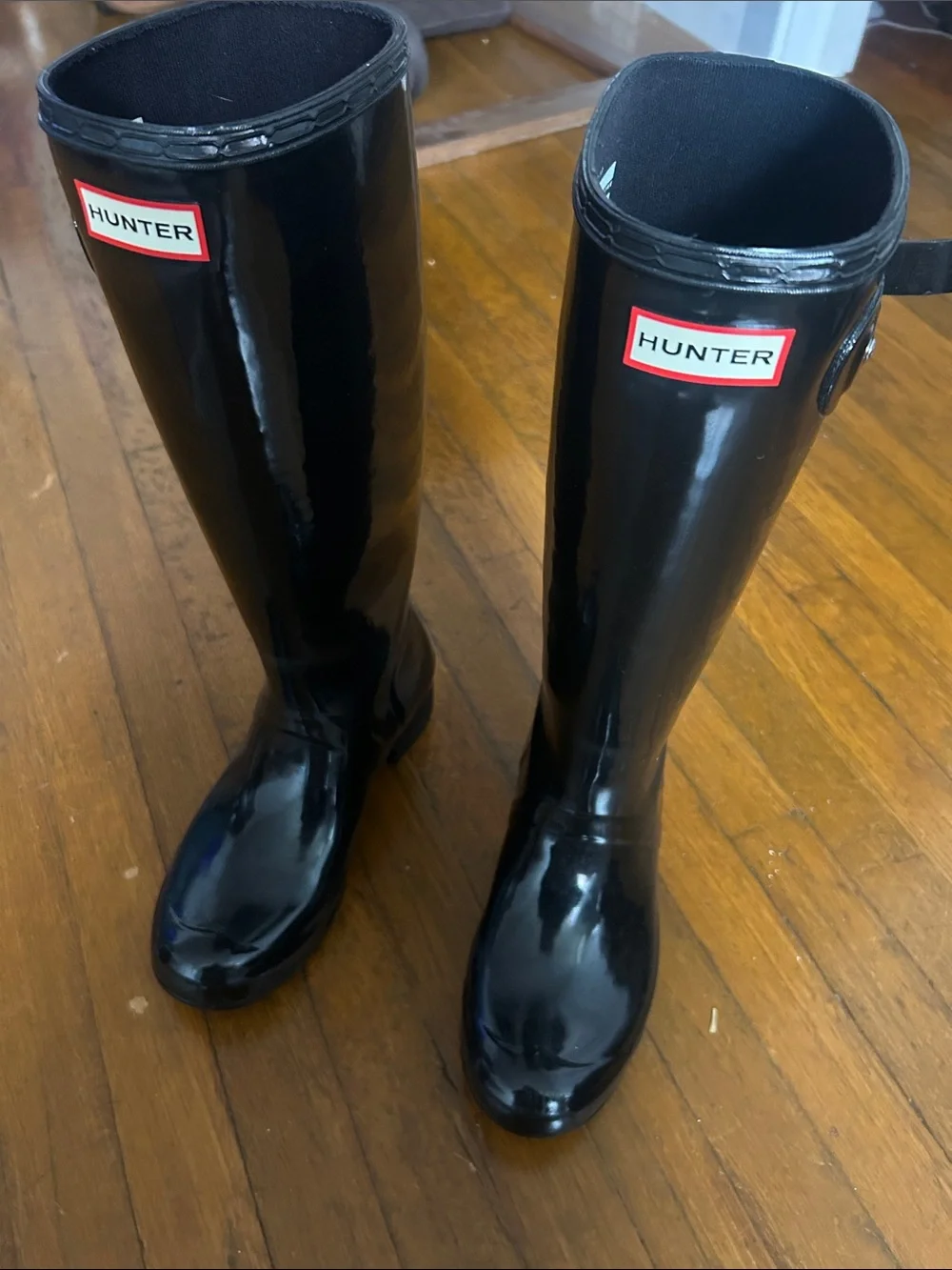 Hunter Glossy Black Tall Rain Boots with Red Logo